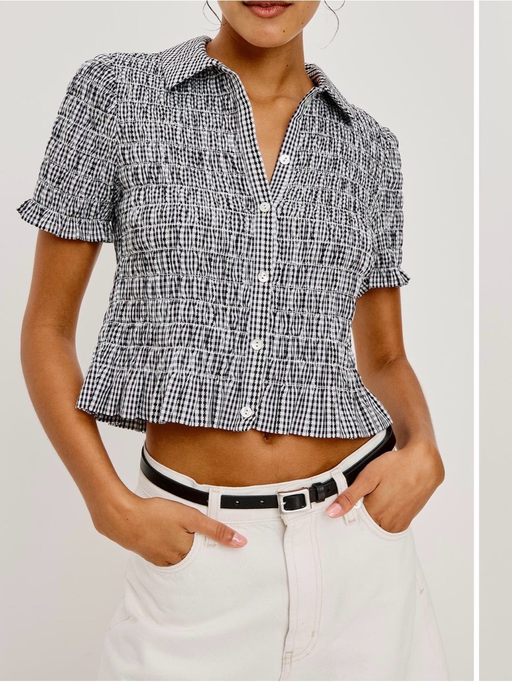 Rails Alton Shirred Button-Up Crop Peplum Top